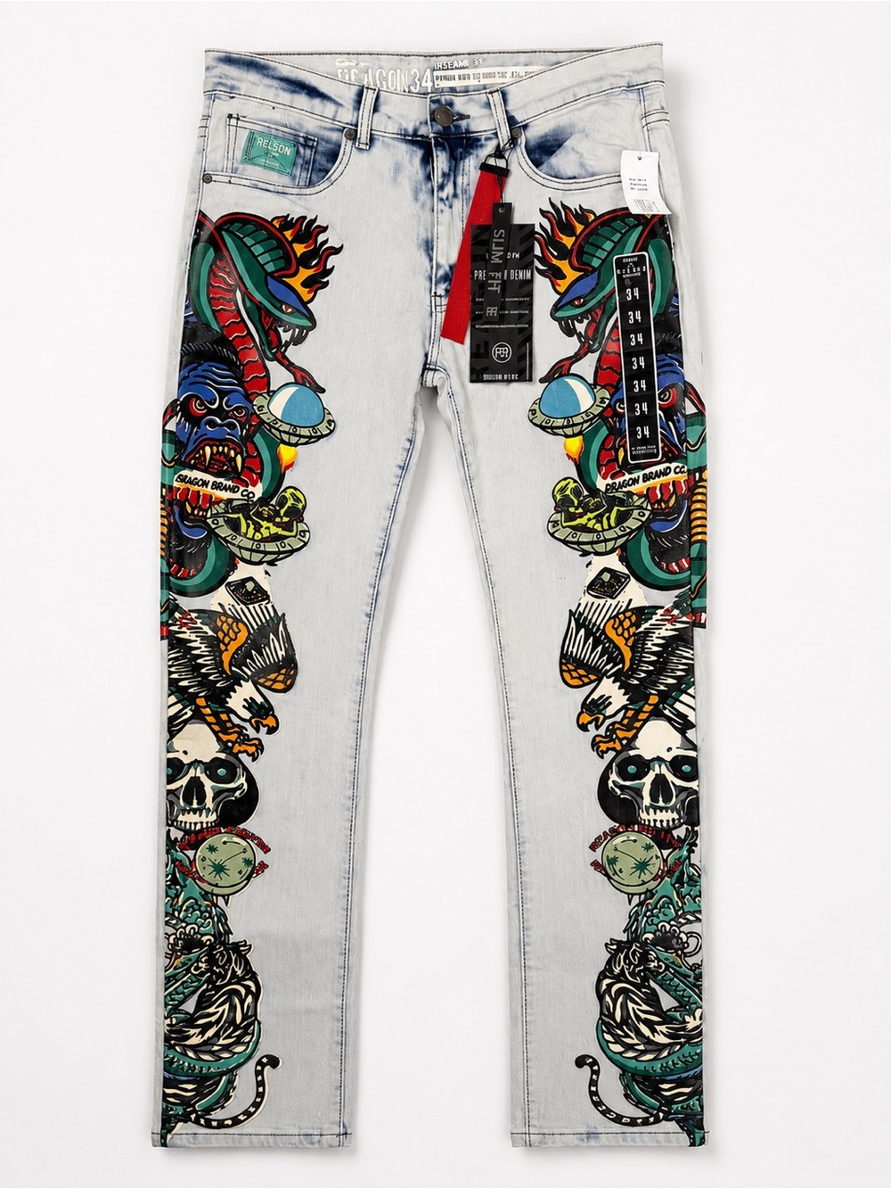 Reason NWT Graphic Slim Fit Jeans 34x34 Dragon Snake Skull Print